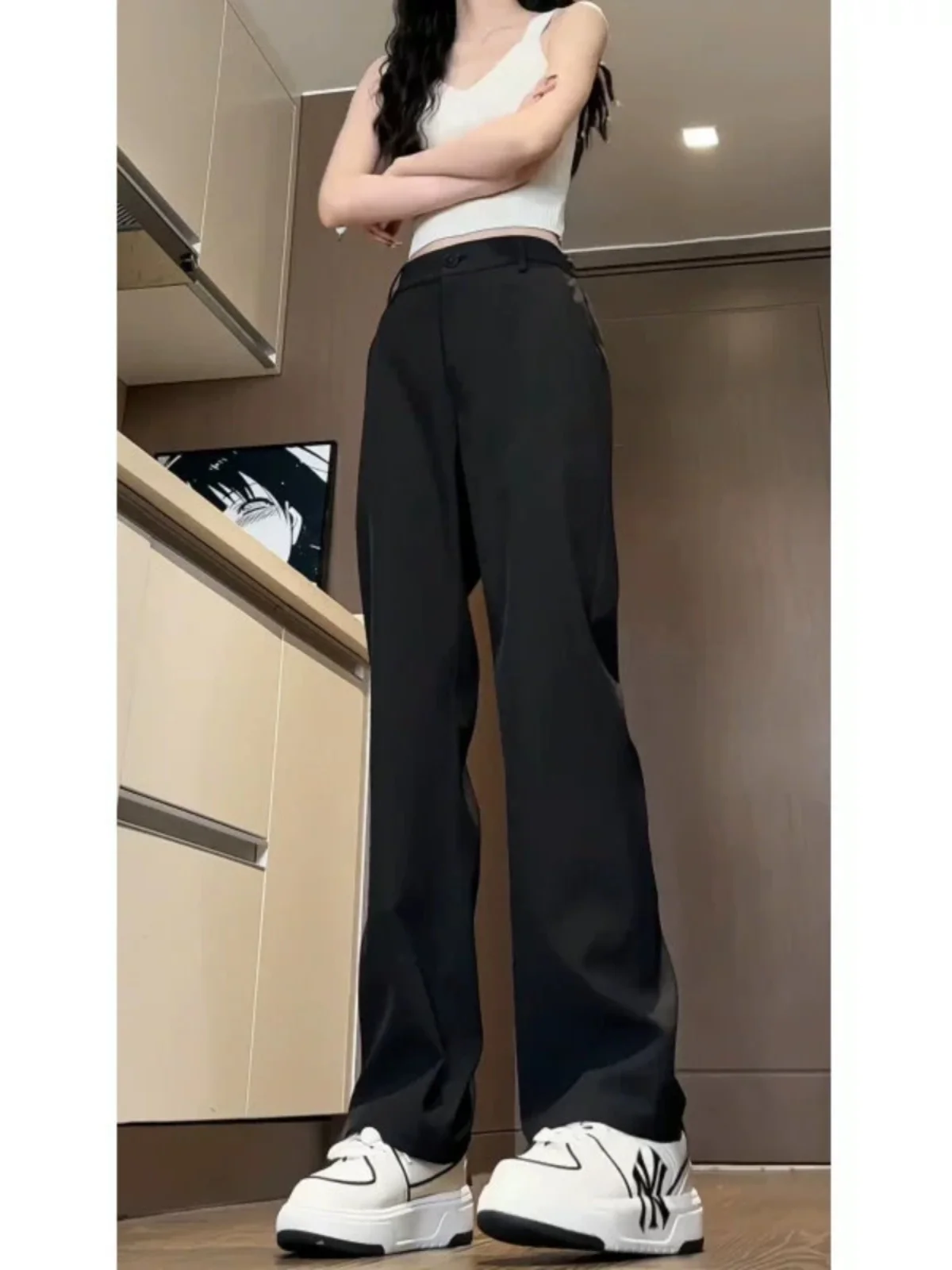 

Брюки Pure Bla с высокой талией из ледяного шелка для молодежи, струящиеся, с идеальной посадкой, в американском уличном стиле, для мальчиков, микро-клеш, прямые, повседневные, трендовые