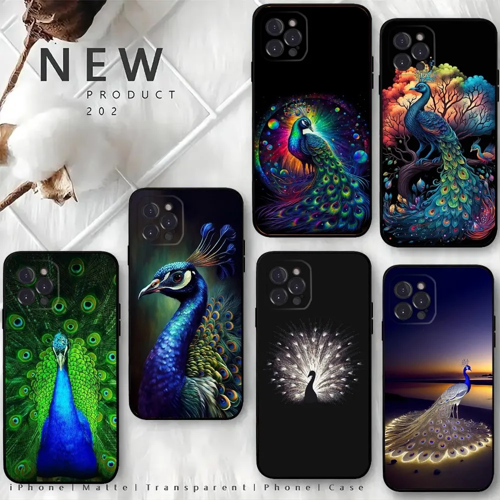 Beautiful Peacock Feather Phone Case For iPhone15,14,13,12 Mini 11 Pro XR,X,XS,MAX 6S,7,8 Plus Silicone Cover Soft Black