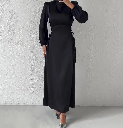 

Womens Dresses 2025 Spring Autumn New Round Neck Lantern Sleeve Long Skirt Side Waist Strap Slim Fit Long Sleeve Casual Dress
