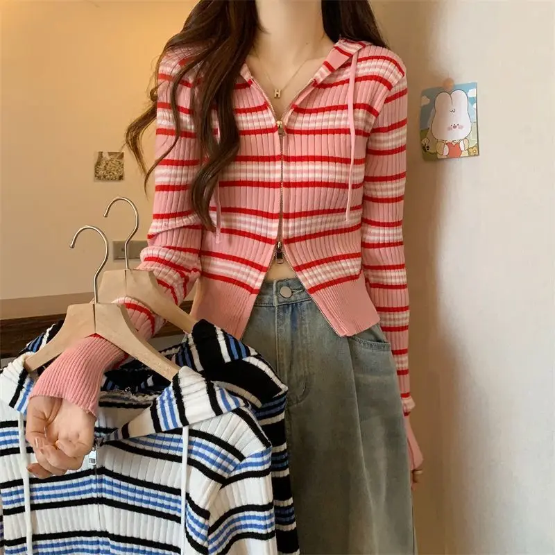 

Hooded Striped Knitted Cardigan Spring Autumn Contrasting Colors Women's Clothing Casual Slim Fashion Zipper Drawstring Sweaters