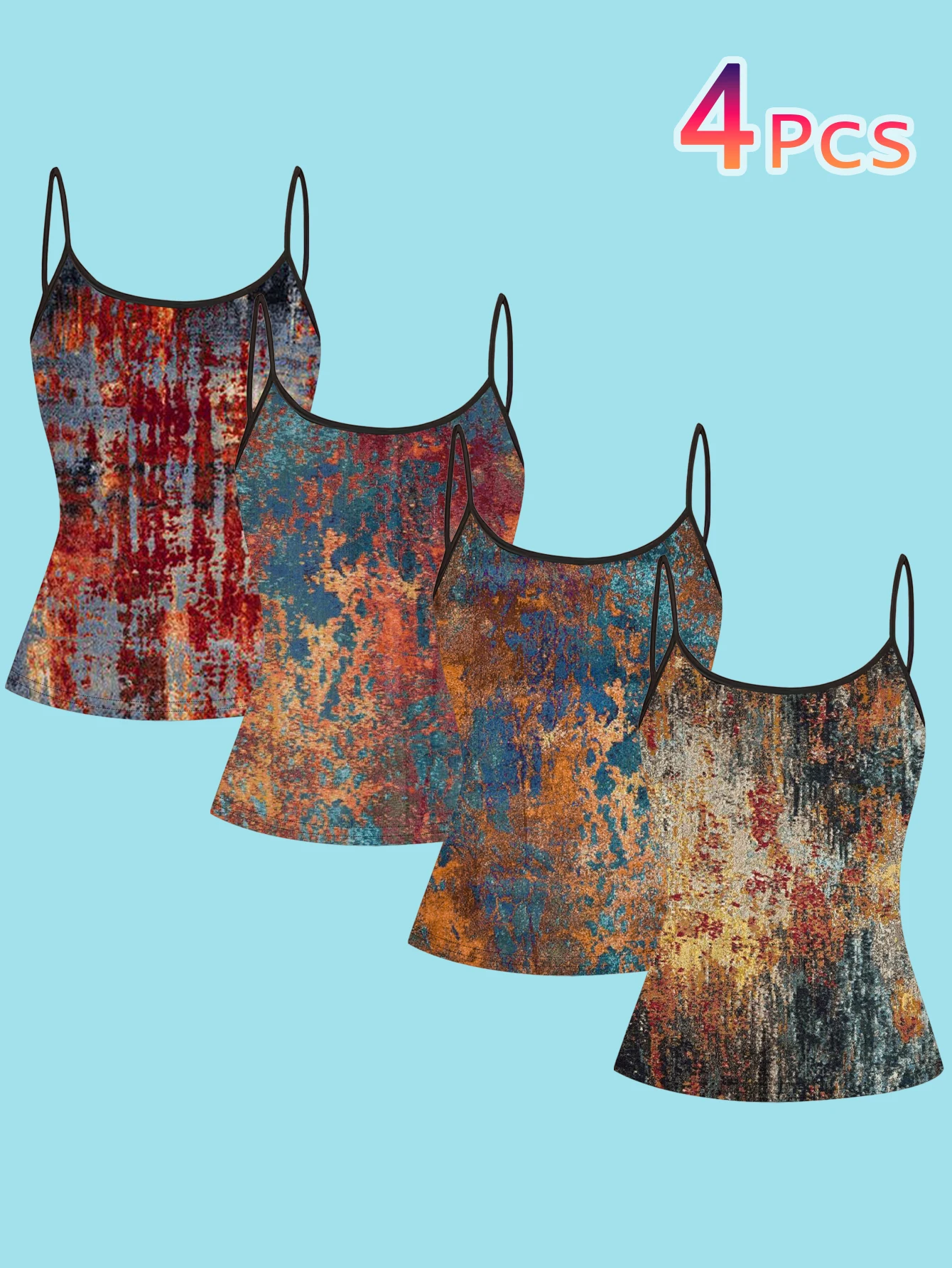4-Piece Set of Vintage Distressed Oil Painting Print Spaghetti Strap Camisole Tops for Women, Featuring Niche Art Design, Slim Fit, Suitable for Layering or Wearing Alone