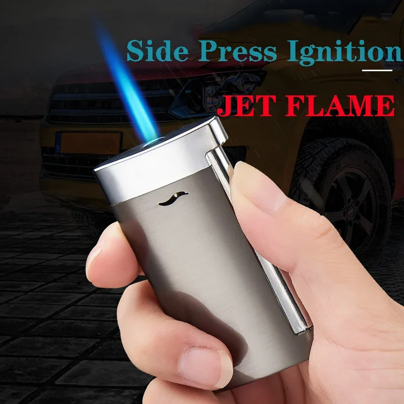 Metal Windproof Blue Flame Spray Gun Side Pressure Ignition Lighter Butane Gas Cigar Lighter Turbo Torch Lighter Gadgets for Men