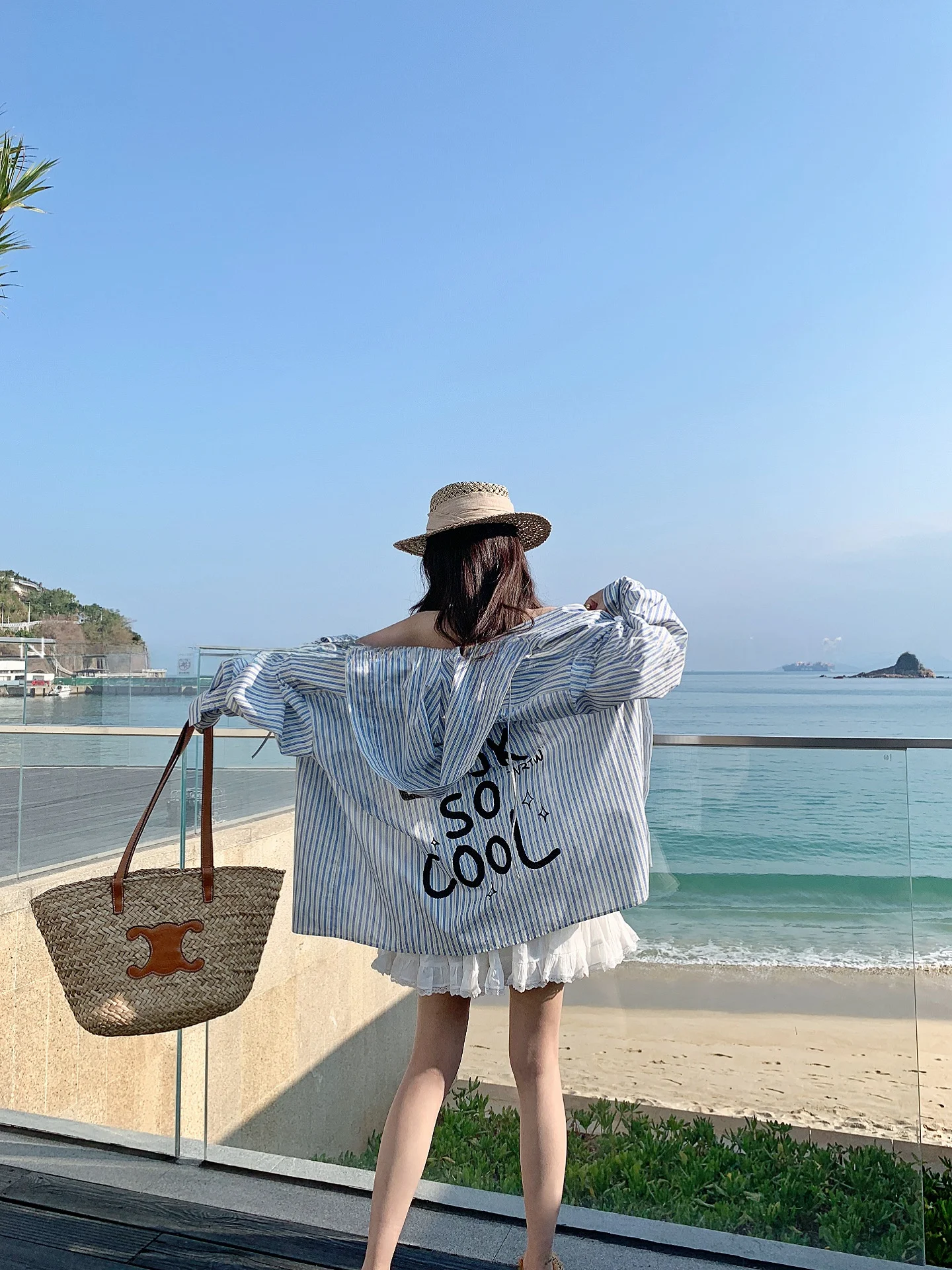 

Loose Women's Blue White Stripes Hat irt Sun Protection Casual Sle Breathable Skin-friendly Long Sve Button up