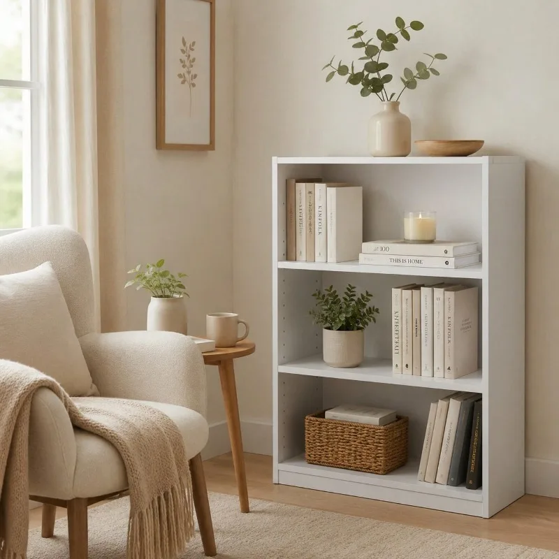 3 Tier Bookcase With Adjustable Shelves, White Bookshelf Storage Organizer For Living Room, Bedroom, Home Office, Small Spaces & Display Storage