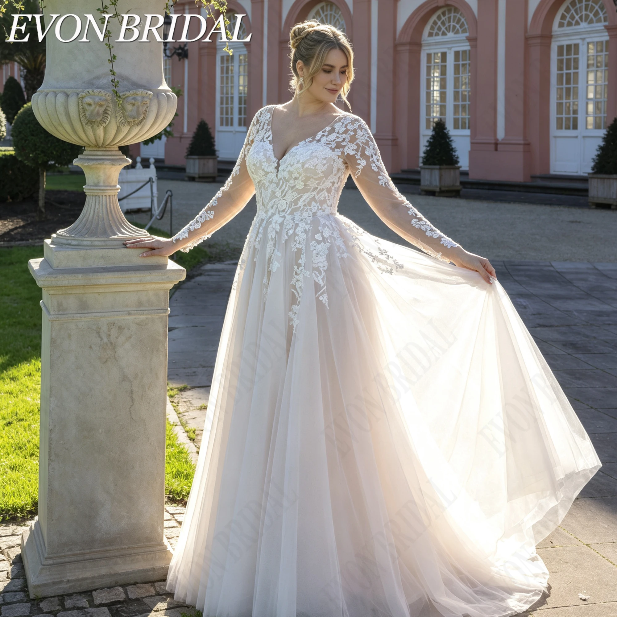 EVON BRIDAL Plus Size V Neck Wedding Dress For Women Lace Appliques A-Line Bridal Dresses Pleated Tulle Brautkleid Customized