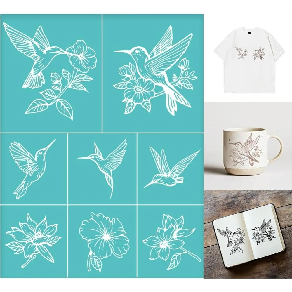 2 Sheets Hummingbird Silkscreen Stencil Bird Flower Painting Stencils Templates Reusable Self-Adhesive Silk Screen Printing