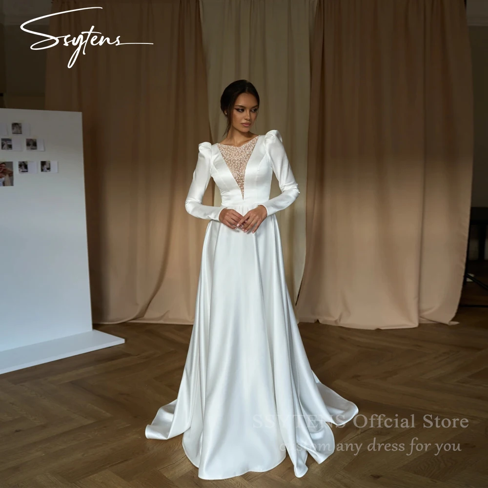 

SSYTENS Simple Long Sleeves Wedding Dress Beaded A-Line Customized Satin Vestido De Novia Illusion Princess Civil Bride Gown