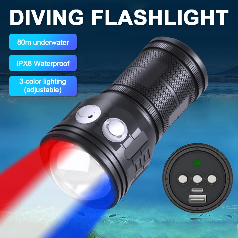 High Power Diving Flashlight Waterproof Fishing Lantern Torch USB Rechargeable Powerful Spotlight Searchlight Diving Lamp Light