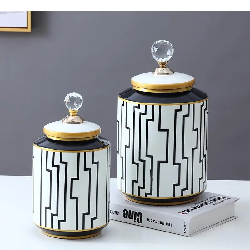 

Crystal Cover Porcelain Jars with Lid Tea Canister Candy Pot Ceramic Storage Desktop Decor Geometric Striped