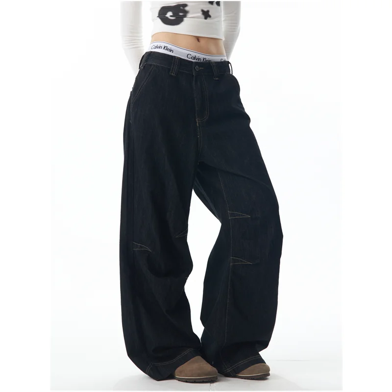 America High Waist Black High Streetwear American Casual Wide Leg Pants Women Jeans Plus Size Basic Baggy Retro Straight Trouser