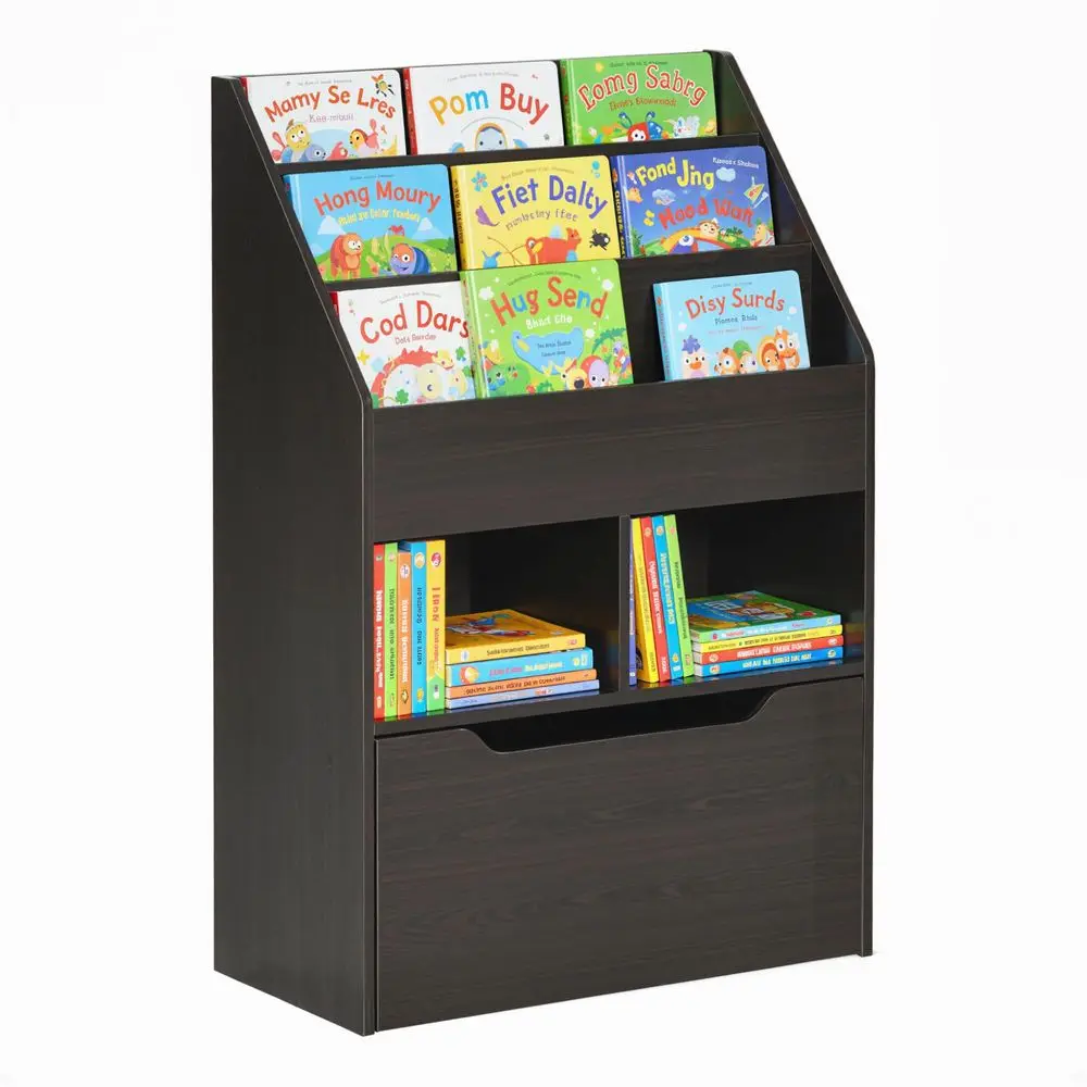 Kids Bookcase MultiShelf Rack Organizer with Storage Drawer for Books, Playroom, Brown