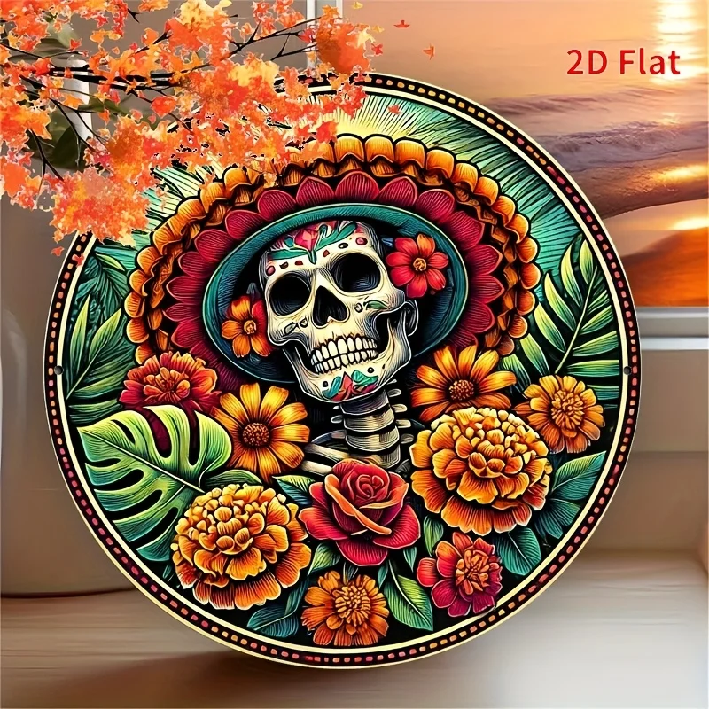 [2D Flat] 1 Stück Dia de los Muertos Metallblechschild – 20,3 x 20,3 cm Vintage-Wandkunstschild mit buntem Totenkopf und Blumenmuster, langlebig