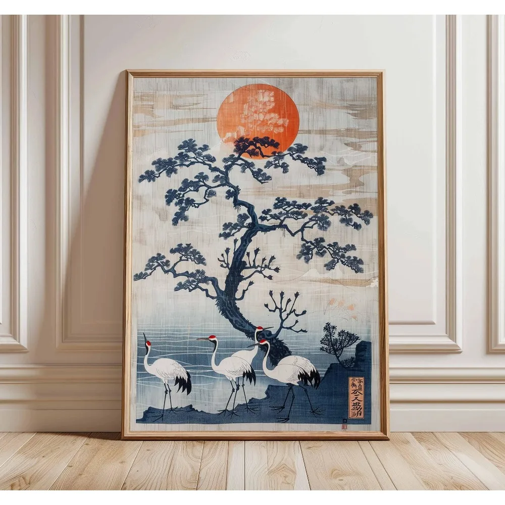 Japanese Crane Poster,Vintage Ukiyo-e Wall Art,Red Sun and Pine Tree Print,Traditional Japanese Artwork,Oriental Home Decoration