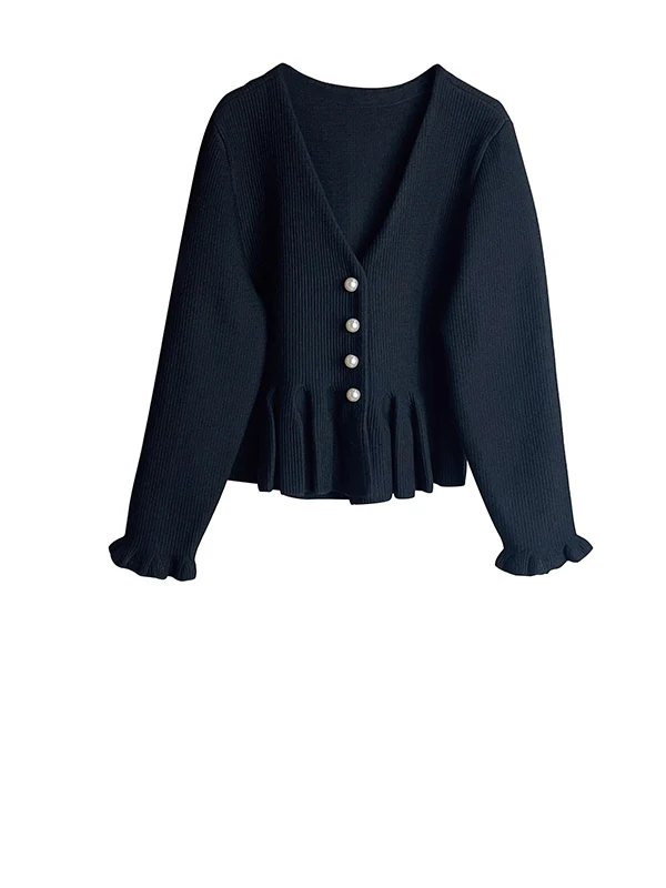 Pearl Decorated V-Neck Knitwear Spring 2026 New Arrival French Style Ruffle Hem Wooden  Sleeve Long Sleeve Daily Wear