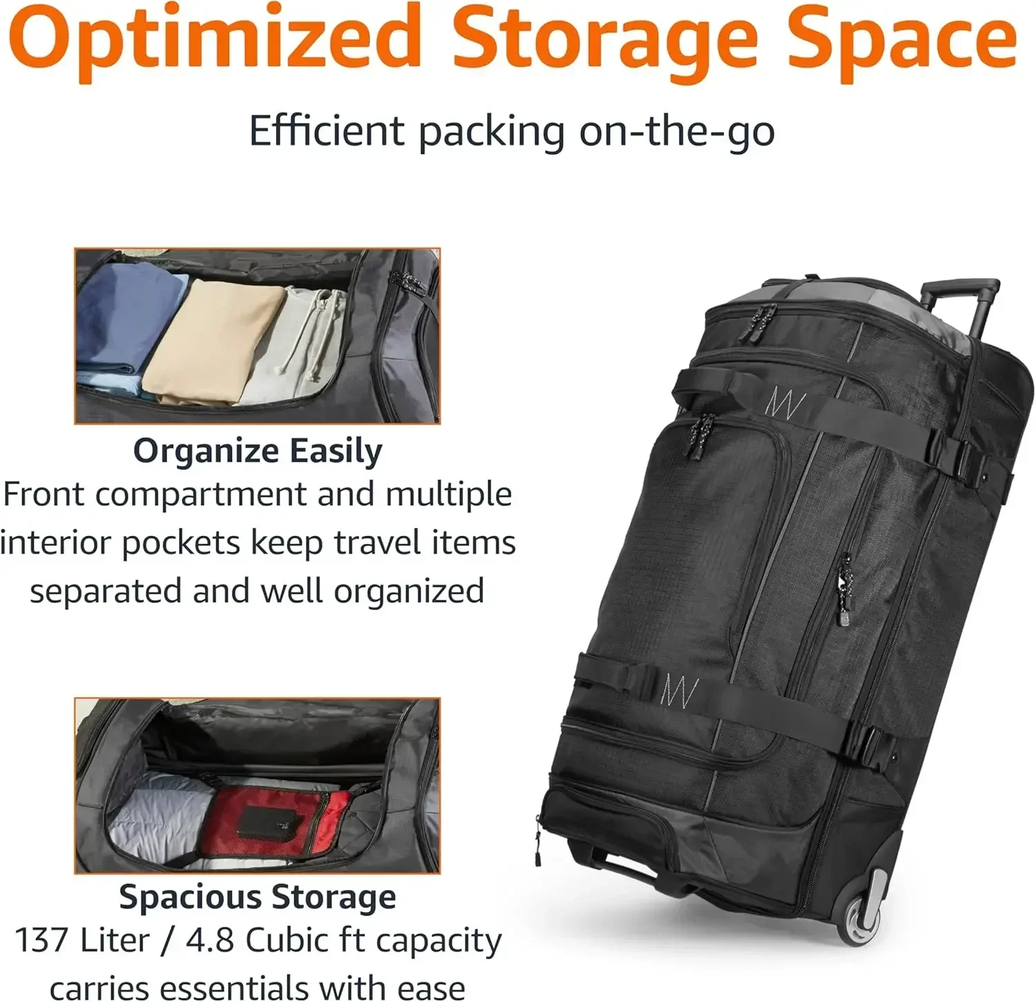 Bolsa de lona con ruedas, equipaje Ripstop para viajar, asa telescópica, 35", negro