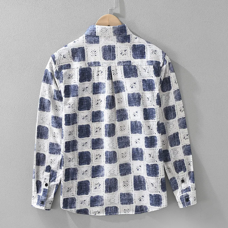 7609 100% Cotton Plaided Shirt for Men Good Quality Spring New Fashion Long Sleeve Loose Casual Lapel Blouse Vintage Tops Male