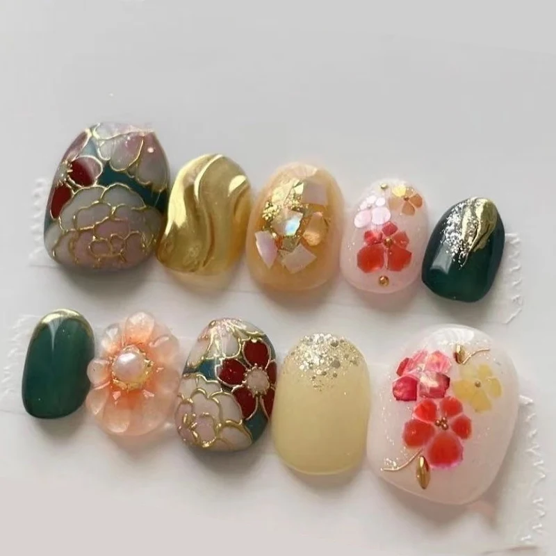 10pcs Premium Wearable Nails Handmade Hand Painted Blossom French Design Art Art Nails Full Cover Manicure Acrylic Fake Nails