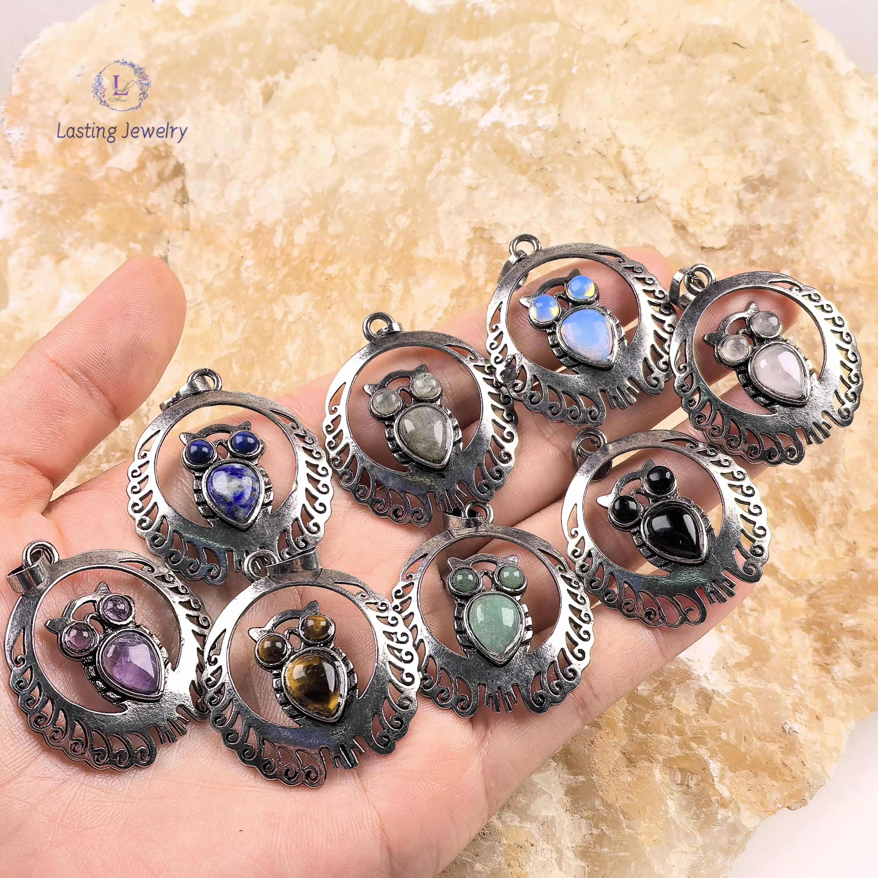 

Hollow-out Antique Silver Owl Pendants,Healing Gemstone Quartz Crystal Aventurine Amethyst Charms Necklace Jewelry Making