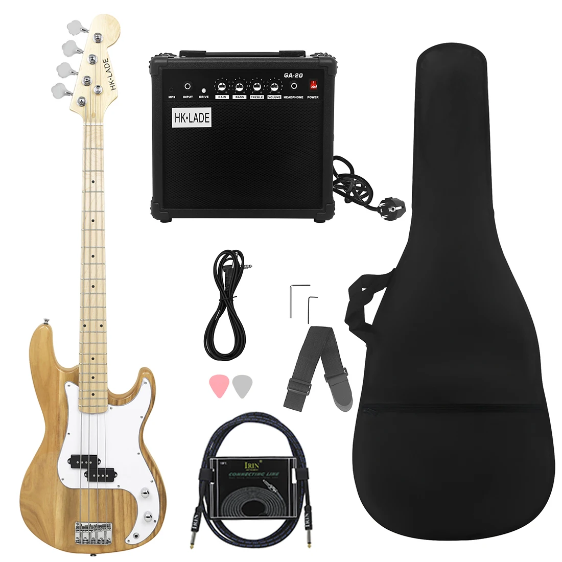 Wood HK-LADE Electric Bass Set Maple Fretboard Electric Bass Guitar Set with Amplifier Bag Strap Picks 3M connection line Parts