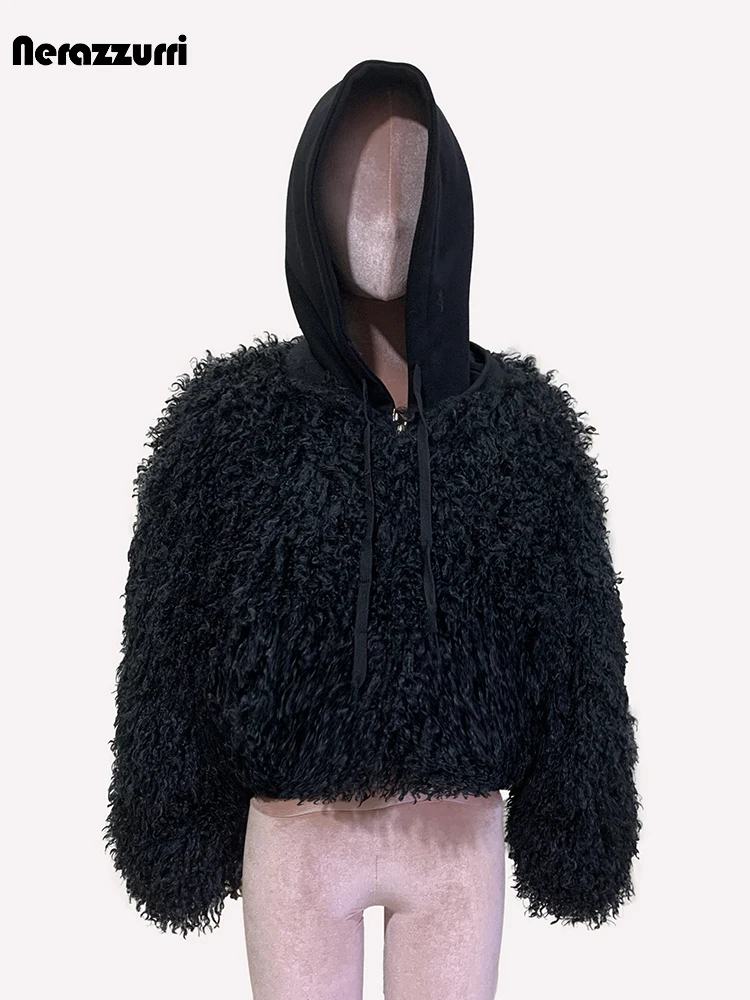 Nerazzurri Winter Short Oversized Black Fuzzy Shaggy Thick Warm Faux Fur Coat Women with Hood Fluffy Jacket Fake 2 Piece Clothes