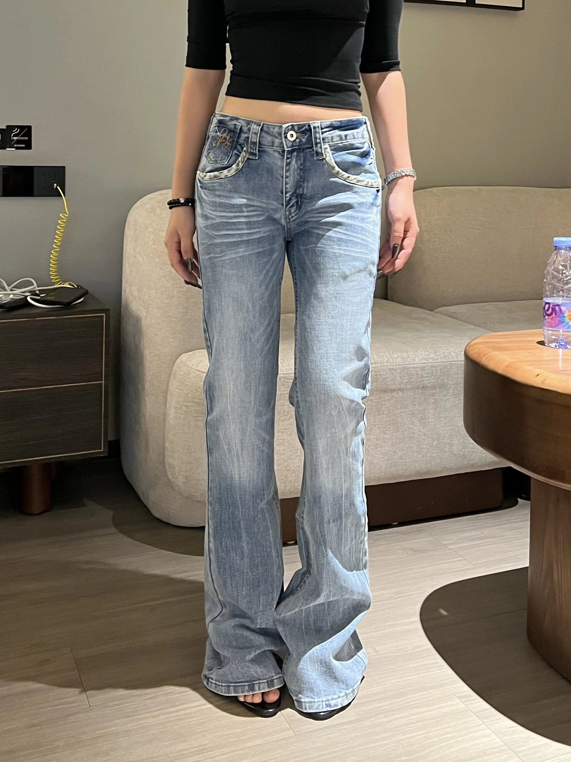 

Ретро-джинсы прямого кроя с леопардовым принтом в американском стиле, женские, с эффектом похудения, длинные брюки, универсальный дизайн для повседневной носки