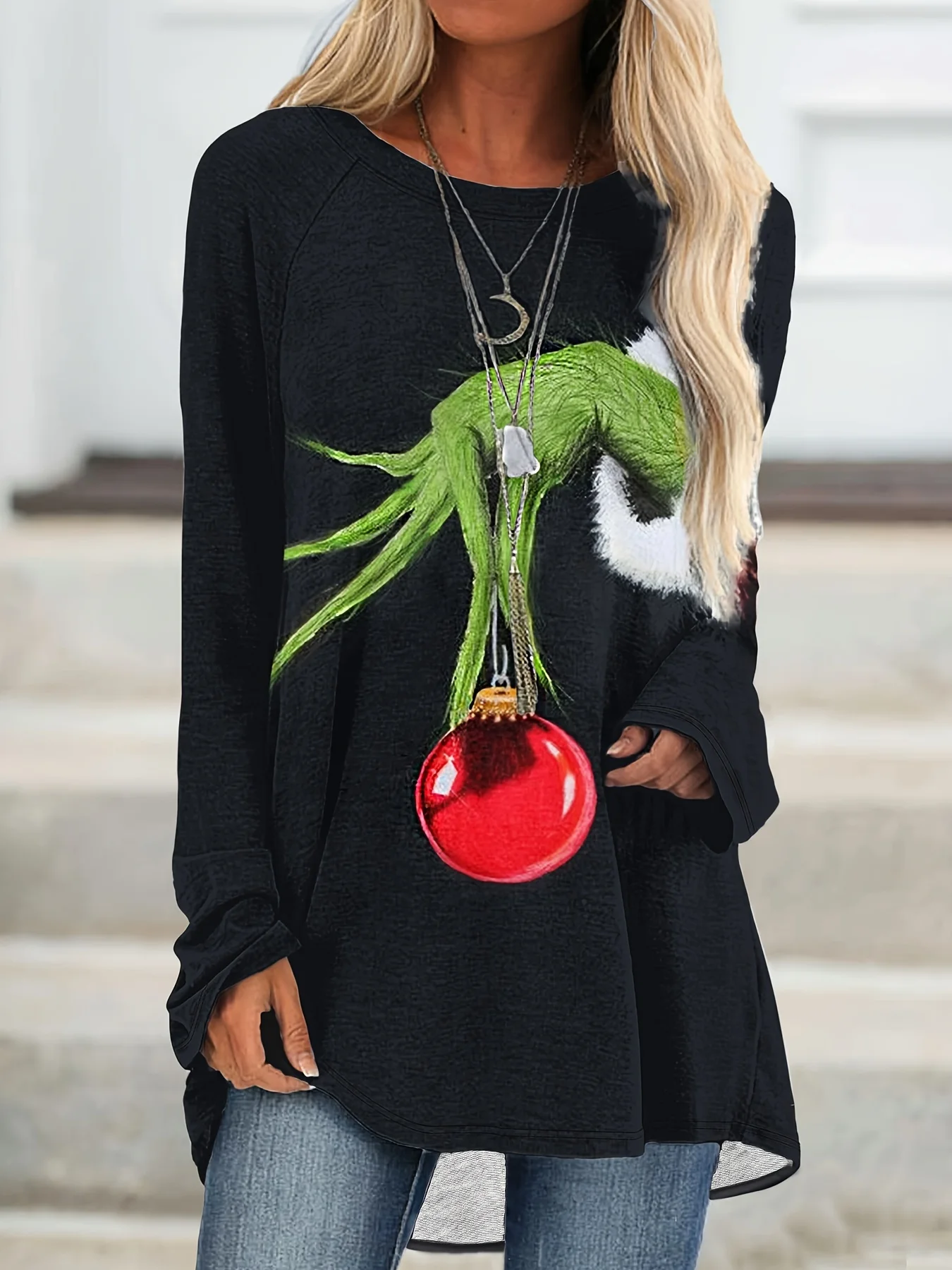 

Christmas women's printed round neck retro casual western style ethnic style raglan sleeve loose T-shirt