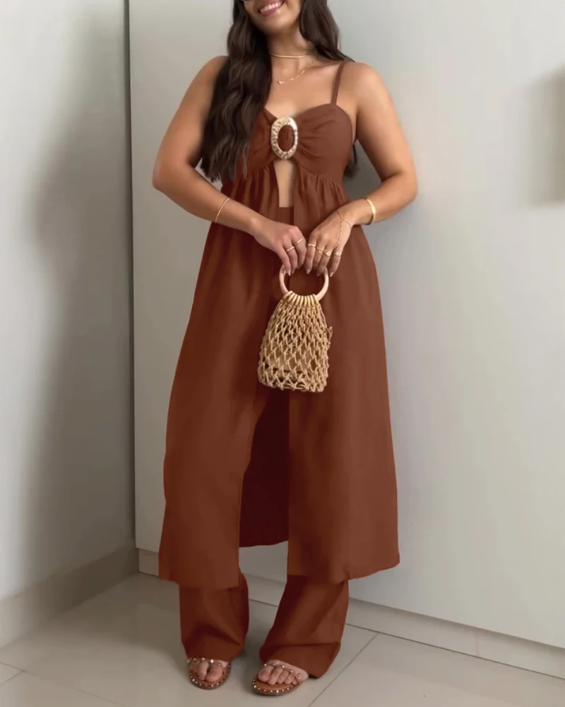 

Two Piece Set Women Outfit 2025 Summer V-Neck Sleeveless Shirred Metal Ring Decor Top & Casual High Waist Wide Leg Pants Set