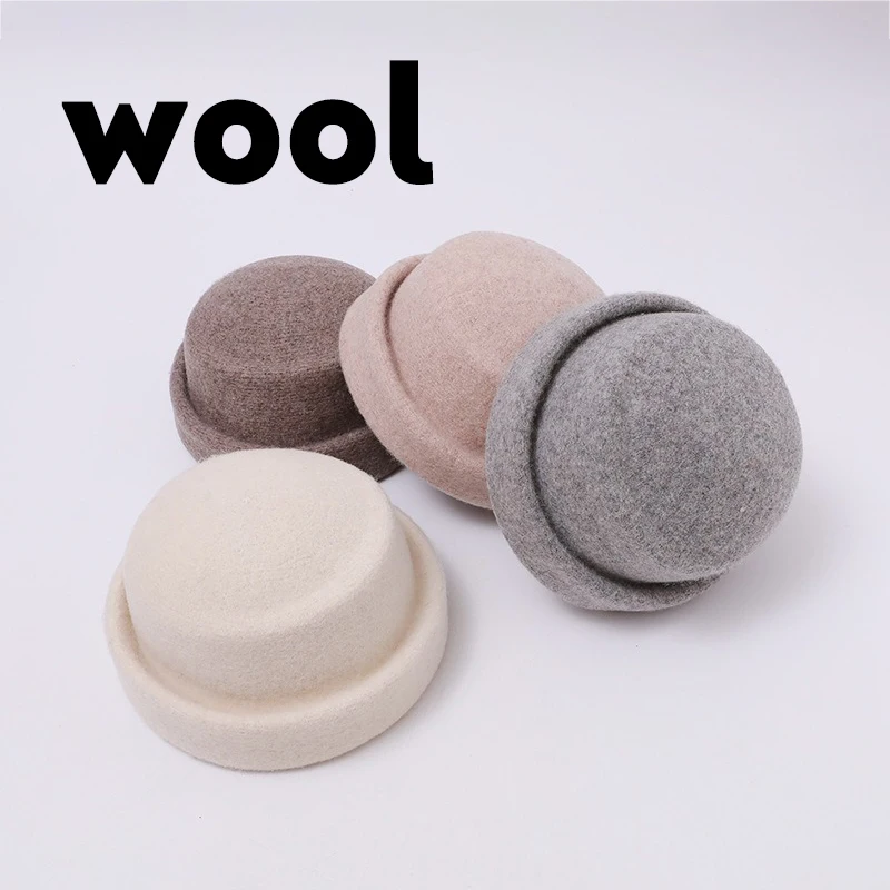 Vintage Wool Felt Pillbox Beret Hat - French Style Structured Round Dome Cap with Rolled Brim for Autumn Winter