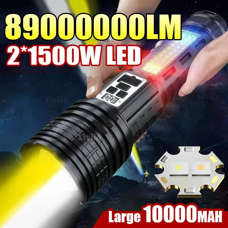 مصباح يدوي عالي الطاقة أبيض/أصفر مصباح تكتيكي قابل لإعادة الشحن مع مصباح مصباح كوب باور بنك فائقة المصابيح الكهربائية قوية للتخييم في الصيد المشي لمسافات طويلة والصيد