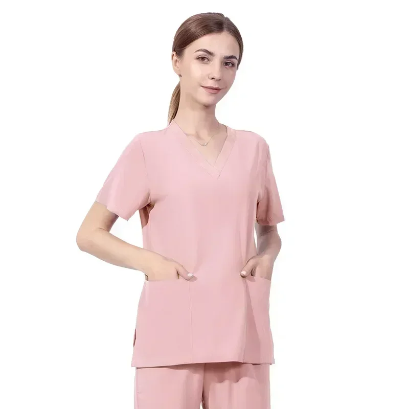 Medical V-Neck Workwear Short Sleeve Shirt Cofias Clinicas Scrub Tops Women Soild Stretchy Nurse Uniform Professionals