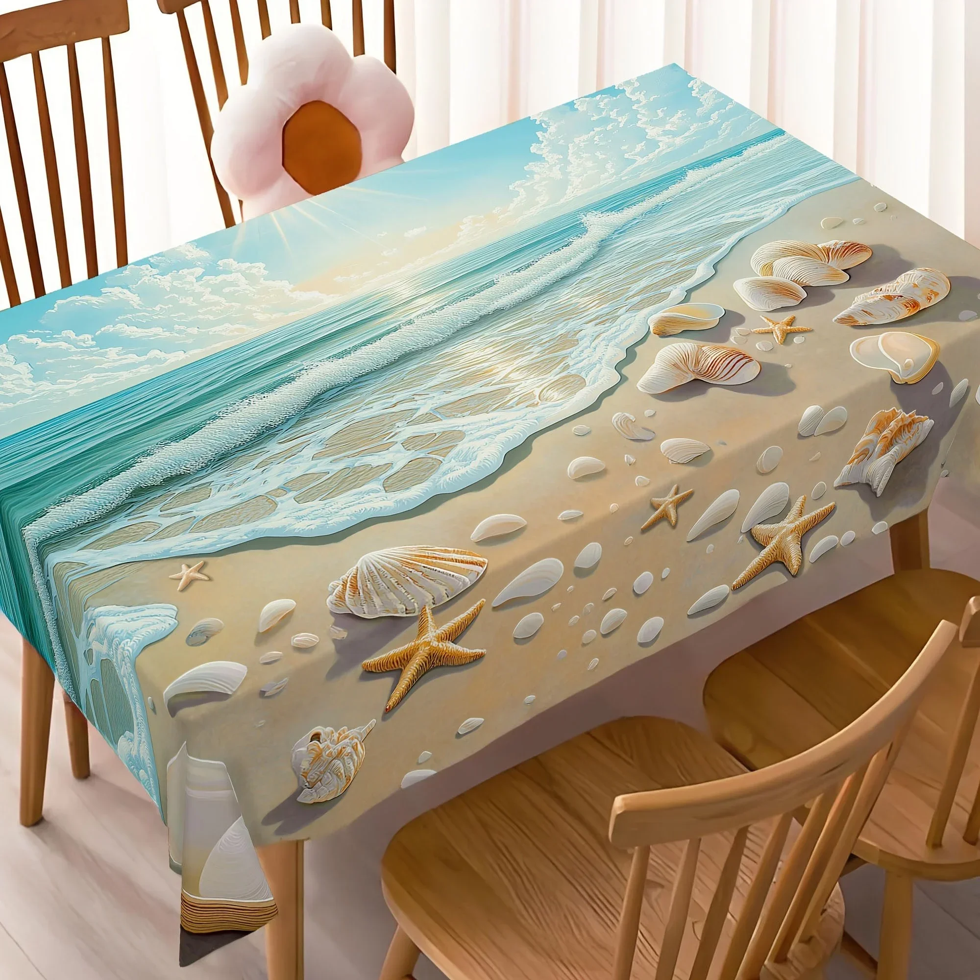 1 piece of canvas with seashell and star patterns, rectangular tablecloth suitable for indoor and outdoor use, yzb