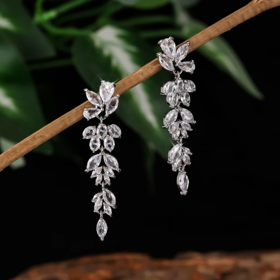 ZAKOL luksusowa wspaniała klastra markizy kształt kwiatu cyrkonia długa wiszące kolczyki dla narzeczonych biżuteria ślubna EP005