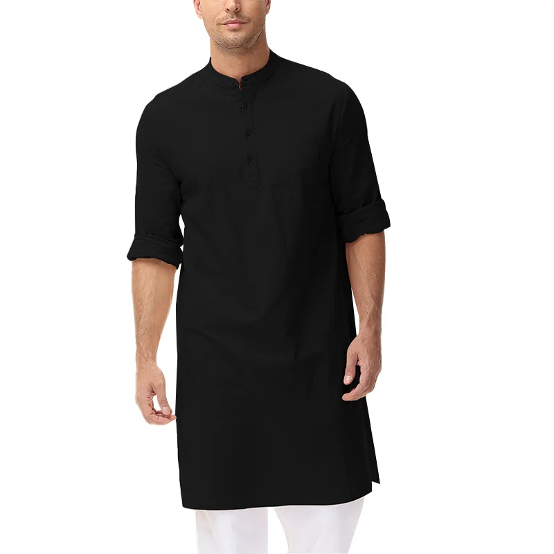 Cotton & Linen Indian Kurta robe men\'s robe long sleeved medium length shirt Arabic robe Middle East Saudi Muslim Robe