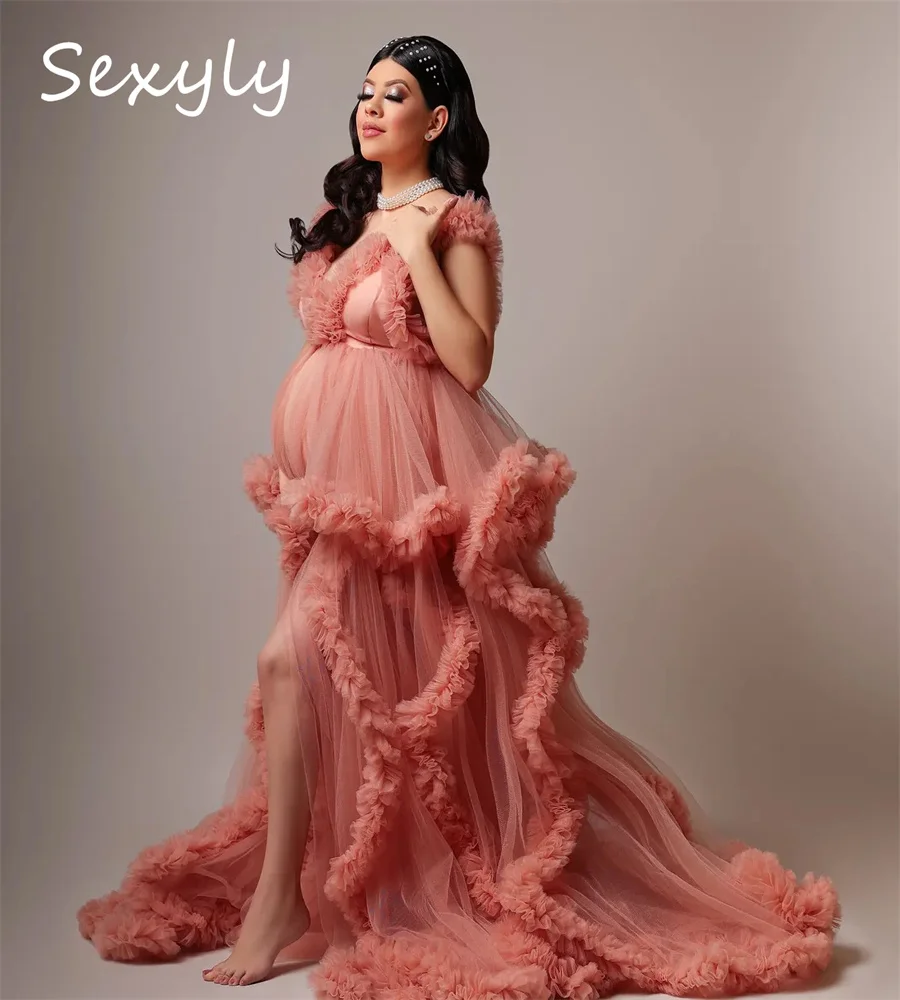 

New Mayernity Coral Wedding Dress 2024 Lingerie Baby Shower Pregnancy Gowns Sexy Tulle V Neck Beach Ruffles Civil Evening Gown