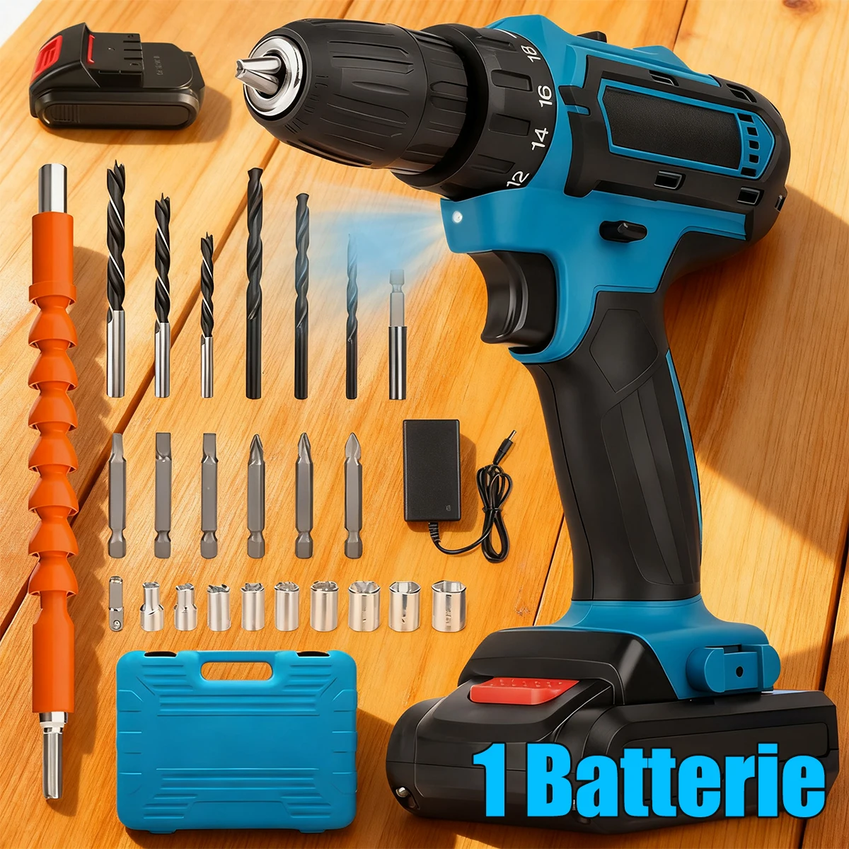 36VF boorcombinatieset, 1 batterijen en een snellader en draagbare behuizing met werklampen