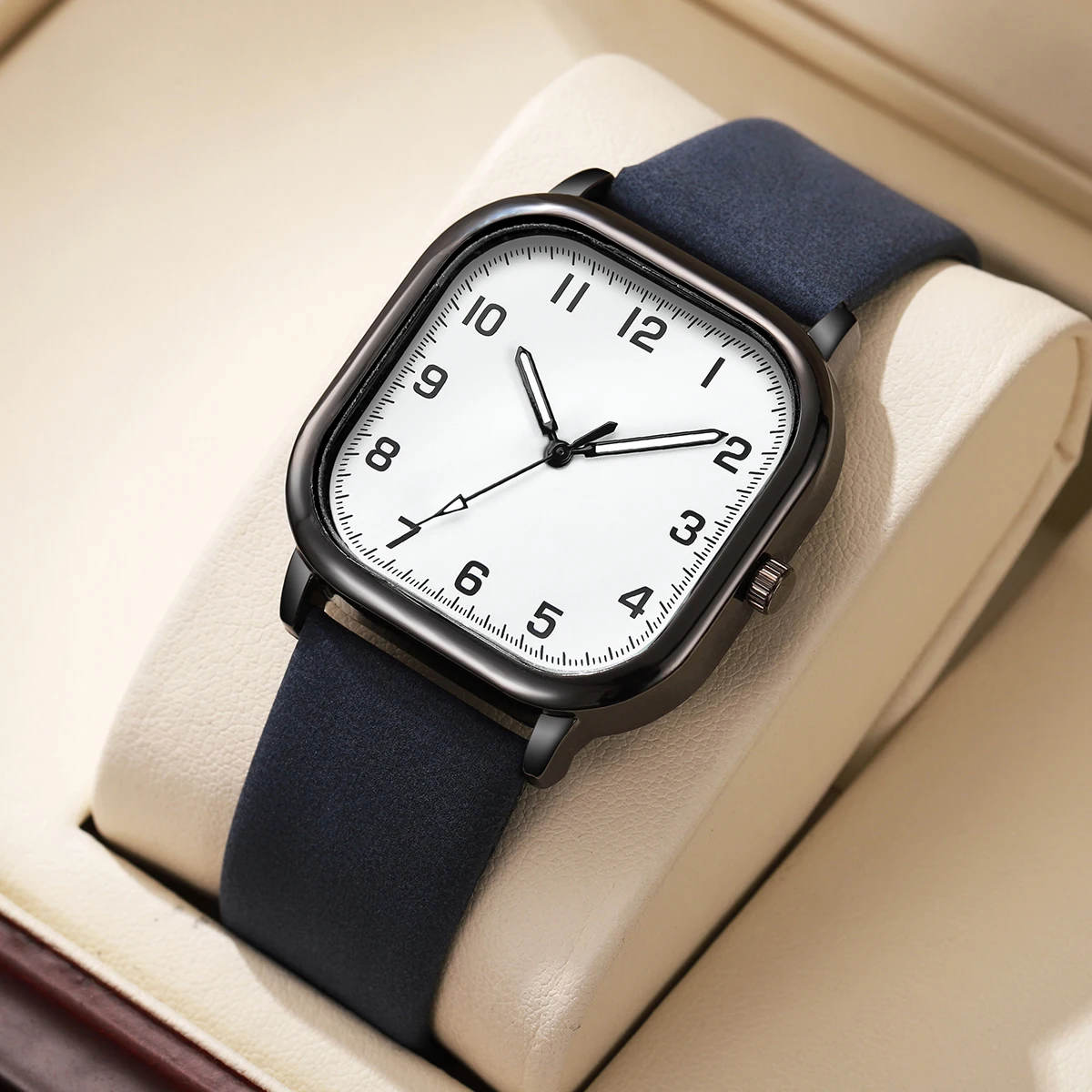 Fashion Men Business Watches Simple Square Arabic Quartz Watch Leather Band Wristwatches Reloj Hombre（Without Box）