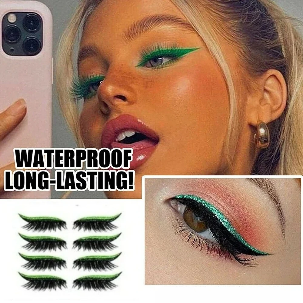 

4 Pairs Cool Girls False Eyelashes Self-adhesive Eyeliner and Eyeshadow Fake Lashes Waterproof Eye Makeup Halloween Gift