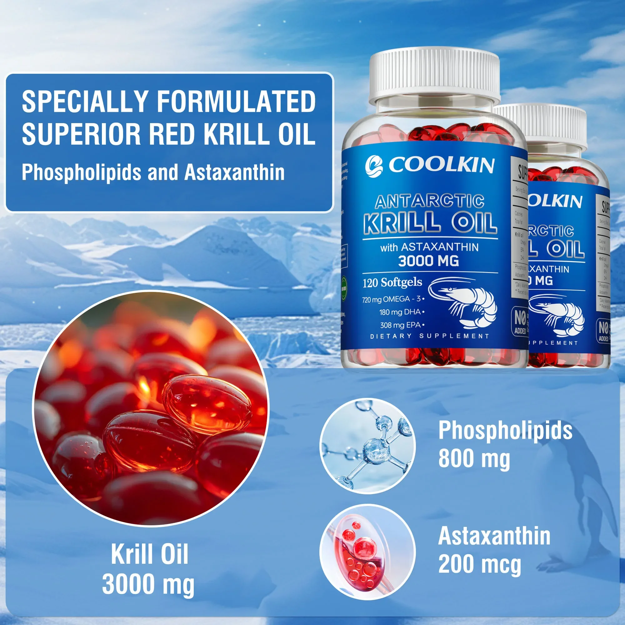 Olio di krill antartico 3000 mg - Omega-3 EPA, DHA, riduce il dolore articolare, migliora la circolazione sanguigna, supporta la salute del cuore e delle articolazioni