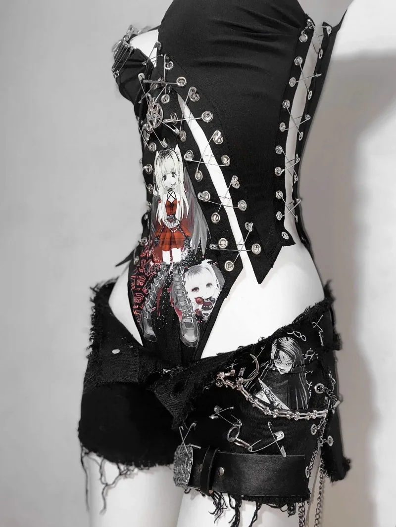 서브컬쳐 다크 고딕 컷팅 바디수트 애니메이션 래지드 슈퍼 쇼츠 핫 걸 세트