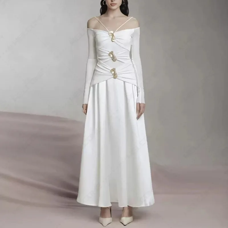 

Elegant Patchwork Metal Long Dresses for Women Strapless Off The Shoulder Sleeve High Waist Sexy Slim Dress Female Fashion