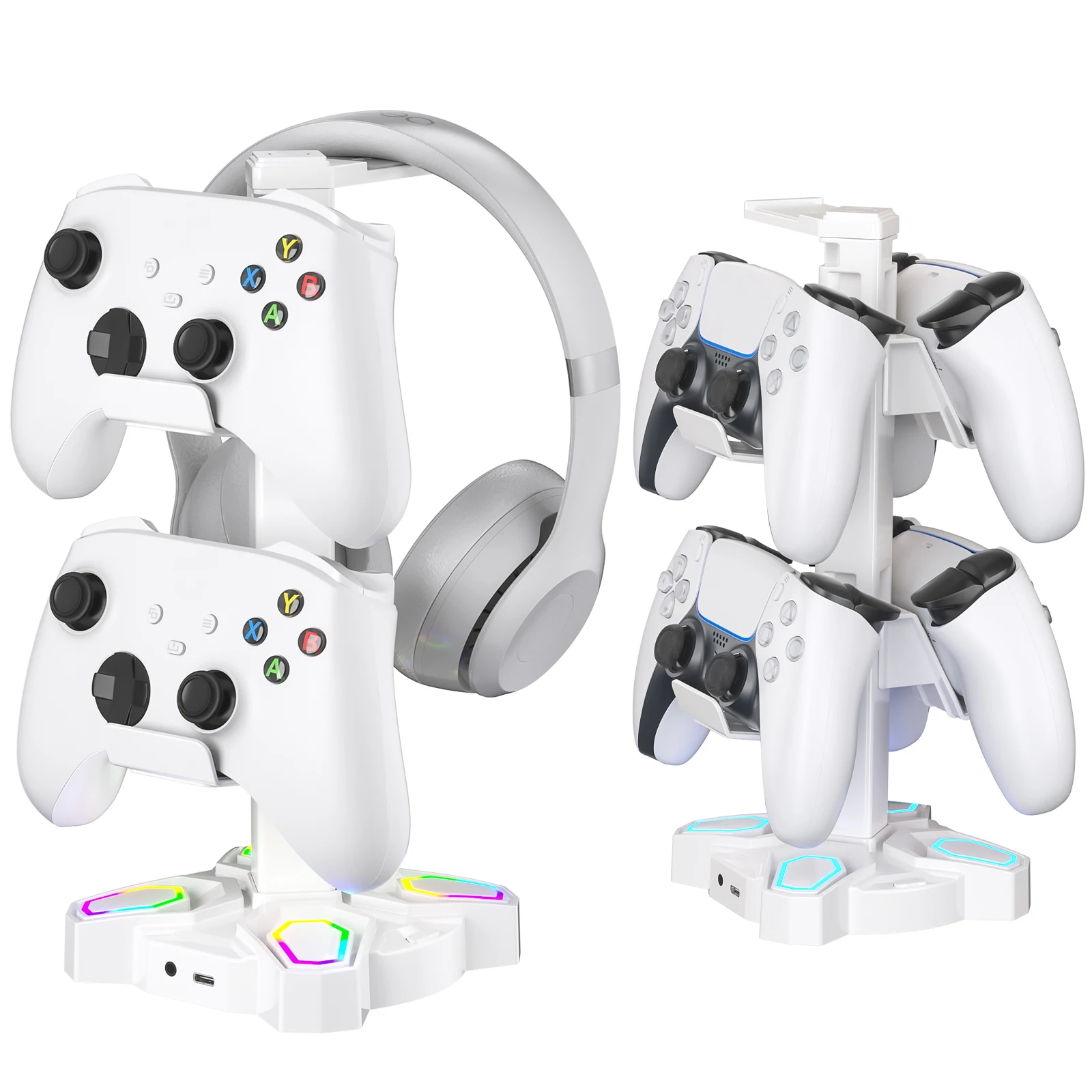 KDD Rotatable Headset Stand Gaming Headphones Stand 9 Light Modes Controller Holder with USB Charging Ports Earphone Hanger