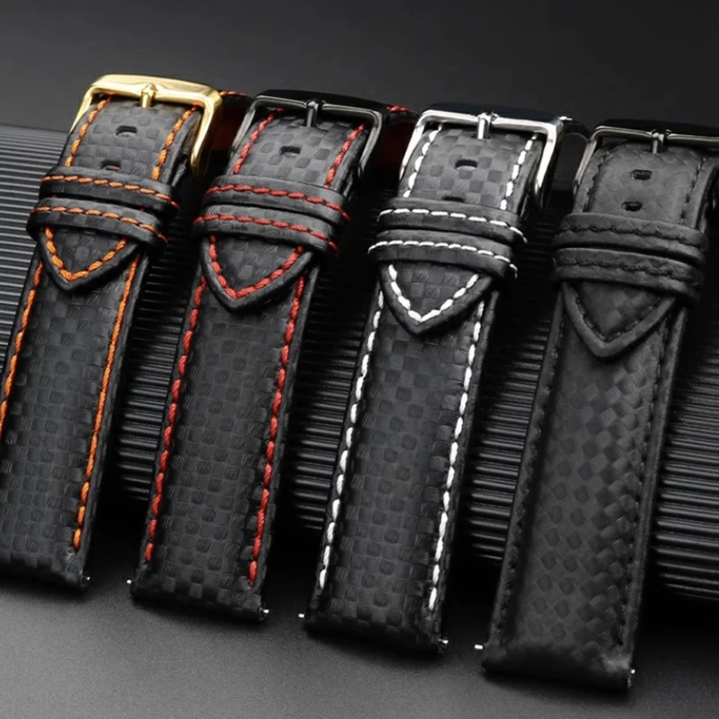 20mm 21mm 22mm 23mm Carbon Fiber Leather Mens black Orange White Red Line Stitching Watchband For Universal Brand Watch Strap