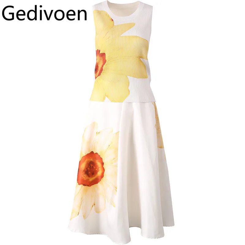 

Gedivoen Elegant Women's Suit Spring Summer Round neck Sleeveless Tops+Simple Pleated Skirt Fashion Two piece set