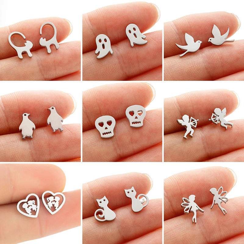 Multiple Stainless Steel Cat Birds Earrings for Women Girls Minimalist Fairy Ghost Skull Earing Piercing Jewelry Punk Studs Gift