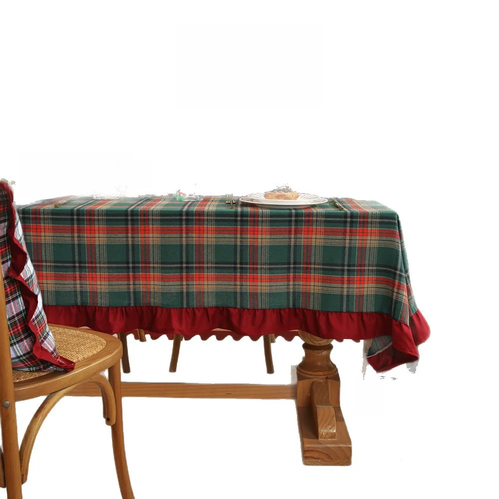 Holiday Tablecloth Red Green Plaid Checkered Design Soft Fabric Blend with Decorative Ruffle Edge 140x140cm 140x200cm
