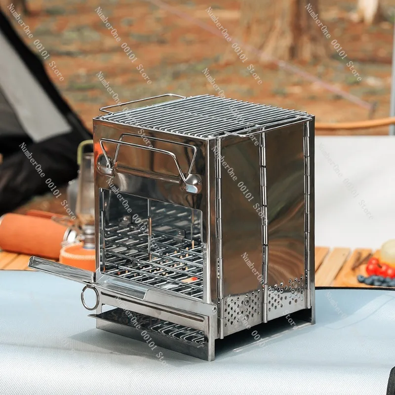 Outdoor Ultra-light Portable Foldable Stainless Steel Barbecue Grill,Charcoal and Wood Fire Grill, Camping Heating Stove,Compact