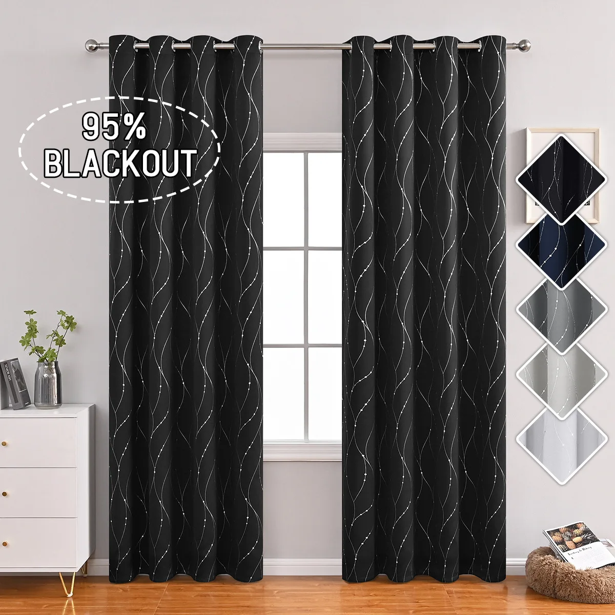 2 Pcs/set Silver Embroidered Meteor Blackout Curtains for Living Room High Density Sun Blocking Drapes, 95% Light Blocking