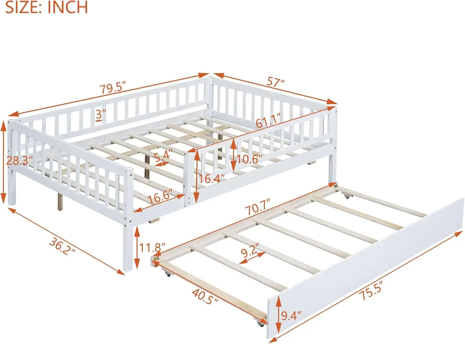 Full Size Wood Platform With Trundle And Fence Guardrails
