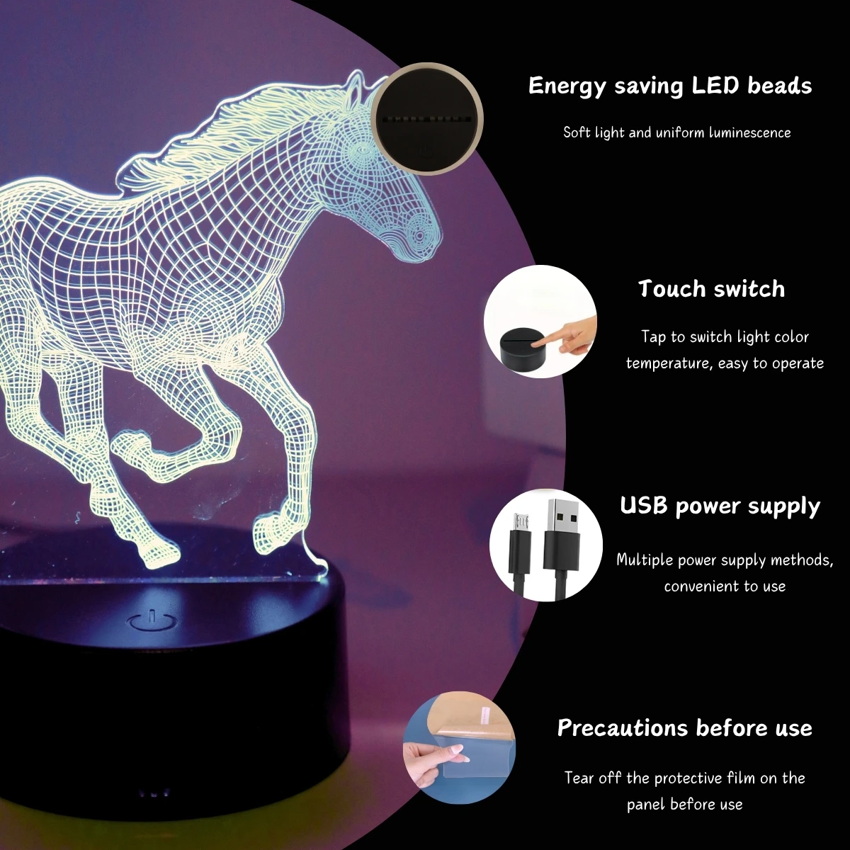 Acrylic 3D Night Light, Horse Shape, Touch Control, Seven‑Color Adjustment, Compact and Beautiful, Decoration for Bedroom