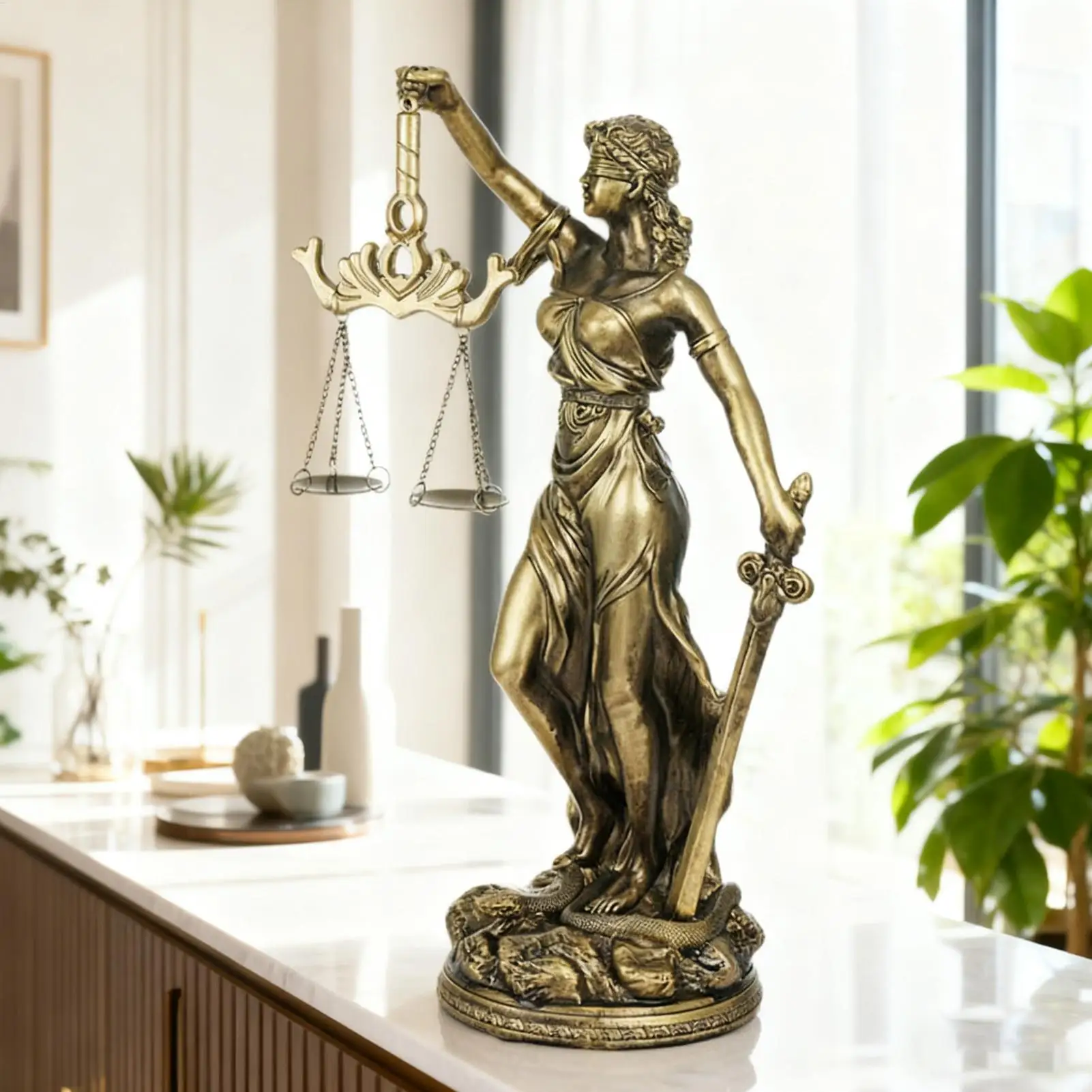 Nachbildung einer Kupferskulptur der Göttin der Gerechtigkeit, Schreibtischdekoration aus Kunstharz für Zuhause, Büro, Arbeitszimmer, Wohnzimmer, Schlafzimmer